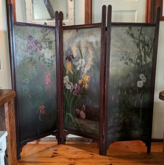 Antique Aesthetic Floral Painted Wooden Room Divider Screen