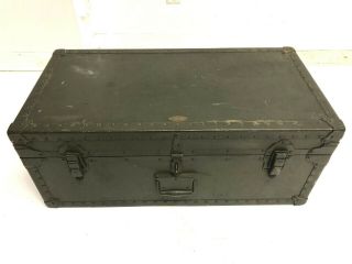 Vintage Military STORAGE TRUNK w Tray flat foot locker green box us army belber 2