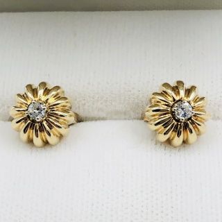 Vintage 14k Solid Yellow Gold Diamond Button Pierced Earrings 4.  7 Grams