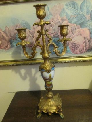 Antique French Sevres Porcelain And Gilded Metal Candlestick Scene