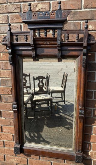 Antique Eastlake Victorian Carved Walnut Hall Mirror 1900 