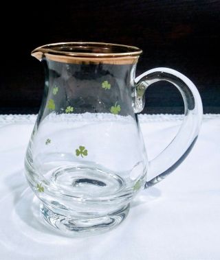 Vintage Mcm Clear Glass Gold Rimmed Creamer/pitcher With Shamrock Design 4 " Tall