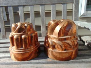 Two Antique French Or Alsatian Large Jelly Food Molds From Copper And Tin Lined