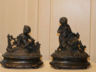 2 French 19 Century Old Antique Spelter And Wood Statues Pair Set Figurine