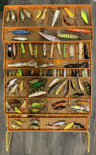 Vintage Old Pal 6500 Tackle Box Full Of Lures And Reels.