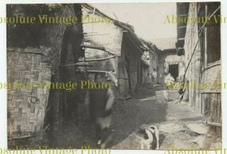 Old Albumen Photograph Chinese Village Street Nr Tsingtao ? China Vintage C.  1900