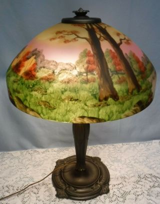 Antique Reverse Painted Signed Miller Co.  285 Table Lamp Stream & Trees Scene