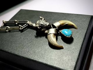 Vintage Native American Sterling Silver Necklace Buffalo Head,  Beaver Claws