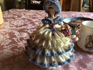 German Dresden Lace Figurine Lady With Rose Basket Large