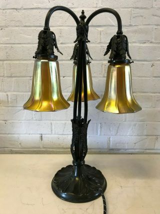 Antique Bronze Table Lamp w/ 3 Signed Quezal Art Glass Aurene Iridescent Shades 2