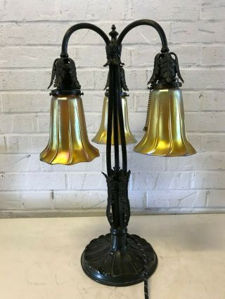 Antique Bronze Table Lamp w/ 3 Signed Quezal Art Glass Aurene Iridescent Shades 3