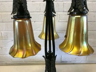 Antique Bronze Table Lamp w/ 3 Signed Quezal Art Glass Aurene Iridescent Shades 5