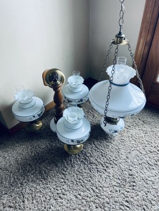 Vintage Milk Glass Hurricane Style Chandelier And Hanging Ceiling Lamp Set 2