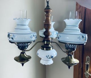 Vintage Milk Glass Hurricane Style Chandelier And Hanging Ceiling Lamp Set 3