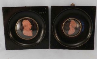 Rare Pair Antique 18thc Miniature Silhouette Portraits Carved Wood Officer Wife