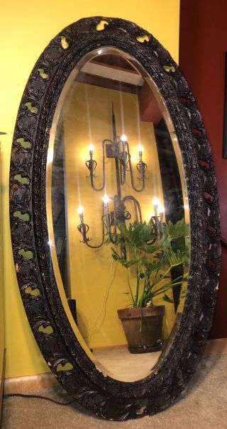 Antique Victorian Carved Wood Oval Mirror Ornate Dark Gesso 47 " Gothic Beveled