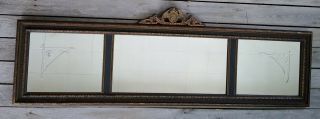 Vintage 3 Panel Etched Floral Tudor Buffet Mantle Wall Mirror Gold Wood Gesso