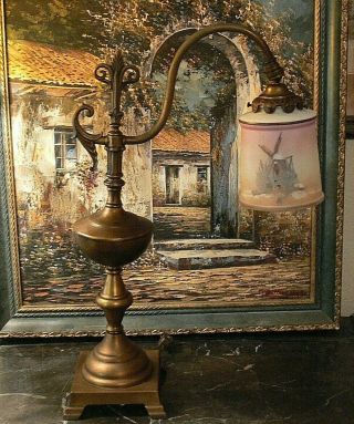 Antique Art Deco Bronze Brass Bridge Arm Table Desk Lamp Hp Glass Shade Nouveau