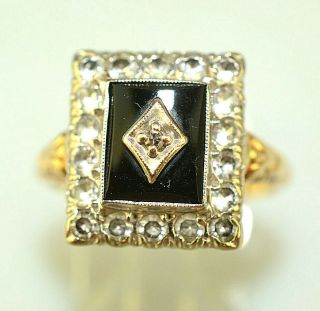 Antique Art Deco 10k Yellow & White Gold Black Onyx & White Sapphire Ring Size 7