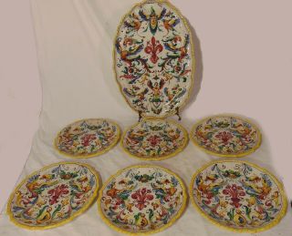 Majolica Italian Art Pottery Deruta Cantagalli Or Raffaellesco Set Plate Platter