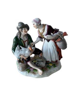 Antique Meissen Porcelain Group Of Fish And Goose Seller