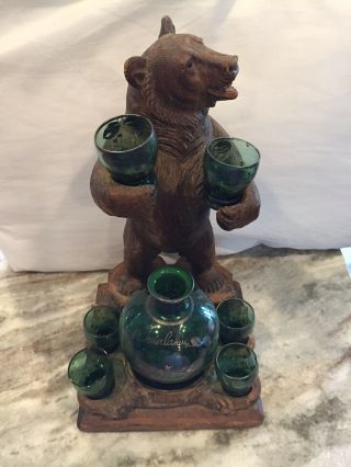 Antique Black Forest Carved Wood Bear Liquor Stand Decanter Set