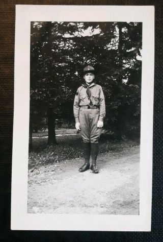 Vintage Old 1939 Photo Of Boy Scout In Uniform & Hat Boots (4 3/4 " X 3 ")