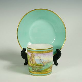 Le Tallec French Porcelain Cup & Saucer & Gold Hand Painted Coastal Scene