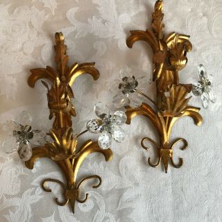 Vintage Pair Italian Gilt Toleware Candle Wall Sconces Murano Crystal Flowers