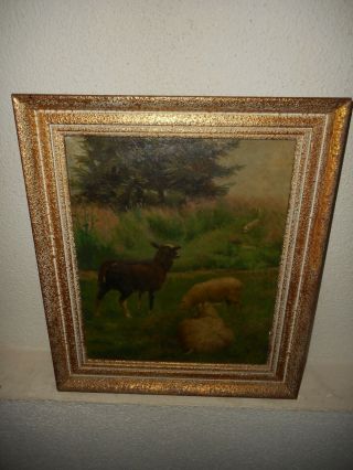 Very Old Oil Painting,  { Three Sheep With A Wolf Watching,  Is Antique }.