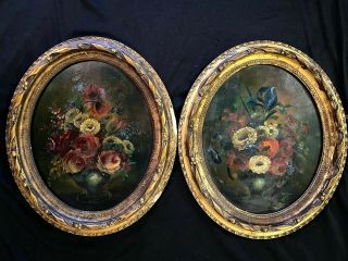 Pair Antique Oil Pai Ntings On Wood Still Life 