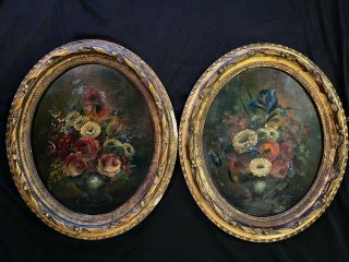 PAIR ANTIQUE OIL PAI NTINGS ON WOOD STILL LIFE ' FLOWERS ' GILDED WOODEN FRAMES 2