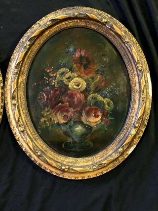 PAIR ANTIQUE OIL PAI NTINGS ON WOOD STILL LIFE ' FLOWERS ' GILDED WOODEN FRAMES 3