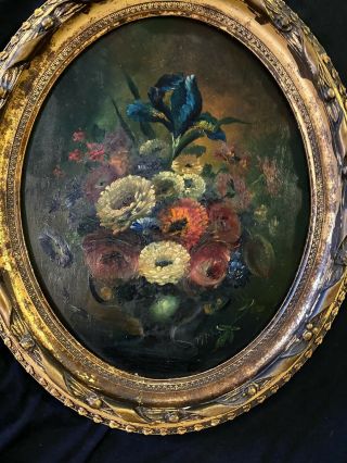 PAIR ANTIQUE OIL PAI NTINGS ON WOOD STILL LIFE ' FLOWERS ' GILDED WOODEN FRAMES 4