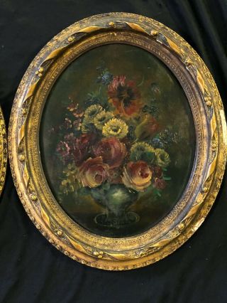PAIR ANTIQUE OIL PAI NTINGS ON WOOD STILL LIFE ' FLOWERS ' GILDED WOODEN FRAMES 6