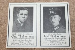 Rare Ww2 German Brothers Army Soldiers Death Notice Kia In 1943 & 1944