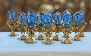 Set Of12 Antique Czech Moser Glass Intaglio Jeweled Brass Place Card Holders