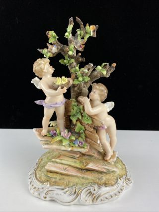 Antique Meissen German Porcelain Figurine Cherubs Birds Tree