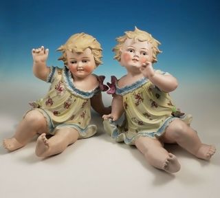 2 Large Antique Conta Boehme Bisque Porcelain Piano Baby Figurine Matching Pair