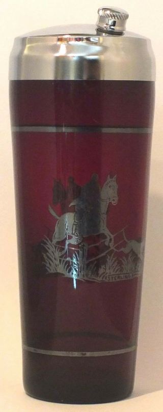 Vintage Cocktail Shaker Ruby Glass With Sterling Overlay Depicting Hunt Scene