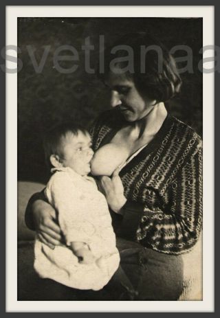 1930 Mother Baby Breastfeeding Nursing Woman Big Breast Soviet Antique Old Photo