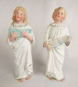 Antique Heubach Bisque 10 " Blonde Boy & Girl In Pajamas With Books Figurine Pair