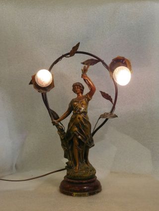 Antique Art Nouveau Deco Bronze Spelter French Figural Lamp Agriculture