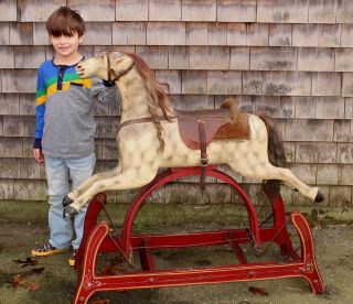 Large Antique 19thc American Folk Art Carved Wood Painted Rocking Hobby Horse