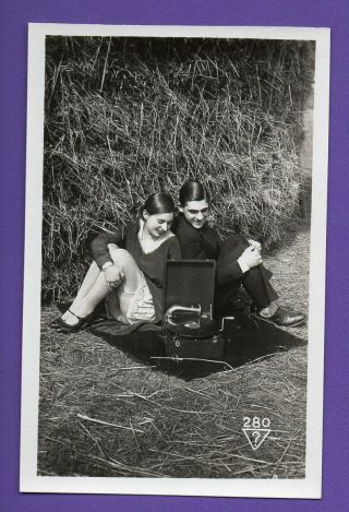 Sexy Woman And Man With Phonograph Gramophone Vintage Photo Card 862