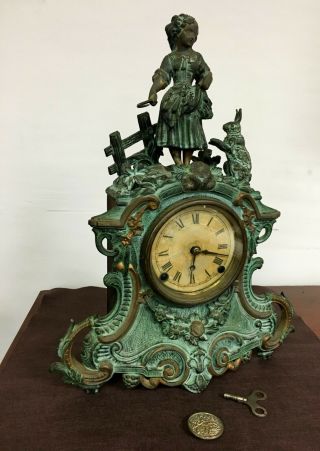 Antique Victorian Cast Iron Figural Mantle Clock American Clock Co Girl & Rabbit