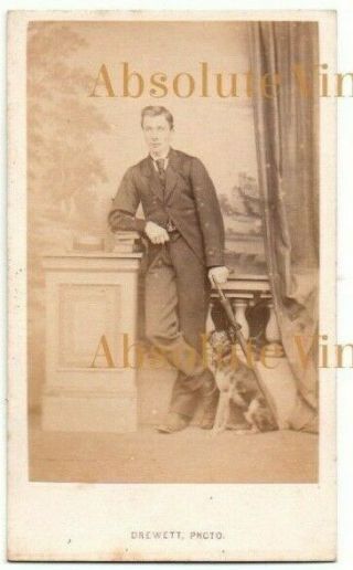 Old Cdv Photograph Young Man With Pet Dog Drewett Studio Guildford Vintage C1870