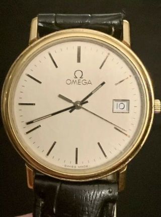 Vintage Mens Omega Watch Date Swiss Made Black Leather Band