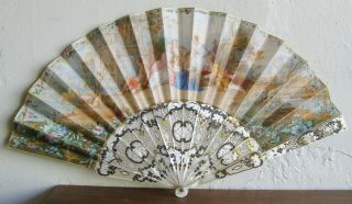 Antique French Carved Mother Of Pearl Hand Painted Gilt Vintage Fan