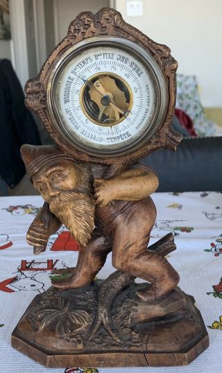 Antique Black Forest Germany Wooden Gnome Barometer 9.  5”